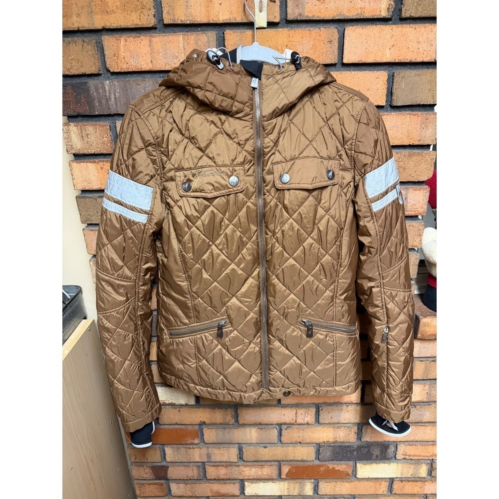 Toni Sailer Quilted Hooded Jacket Brown Metallic Ski Snowboard Womens Size 38
